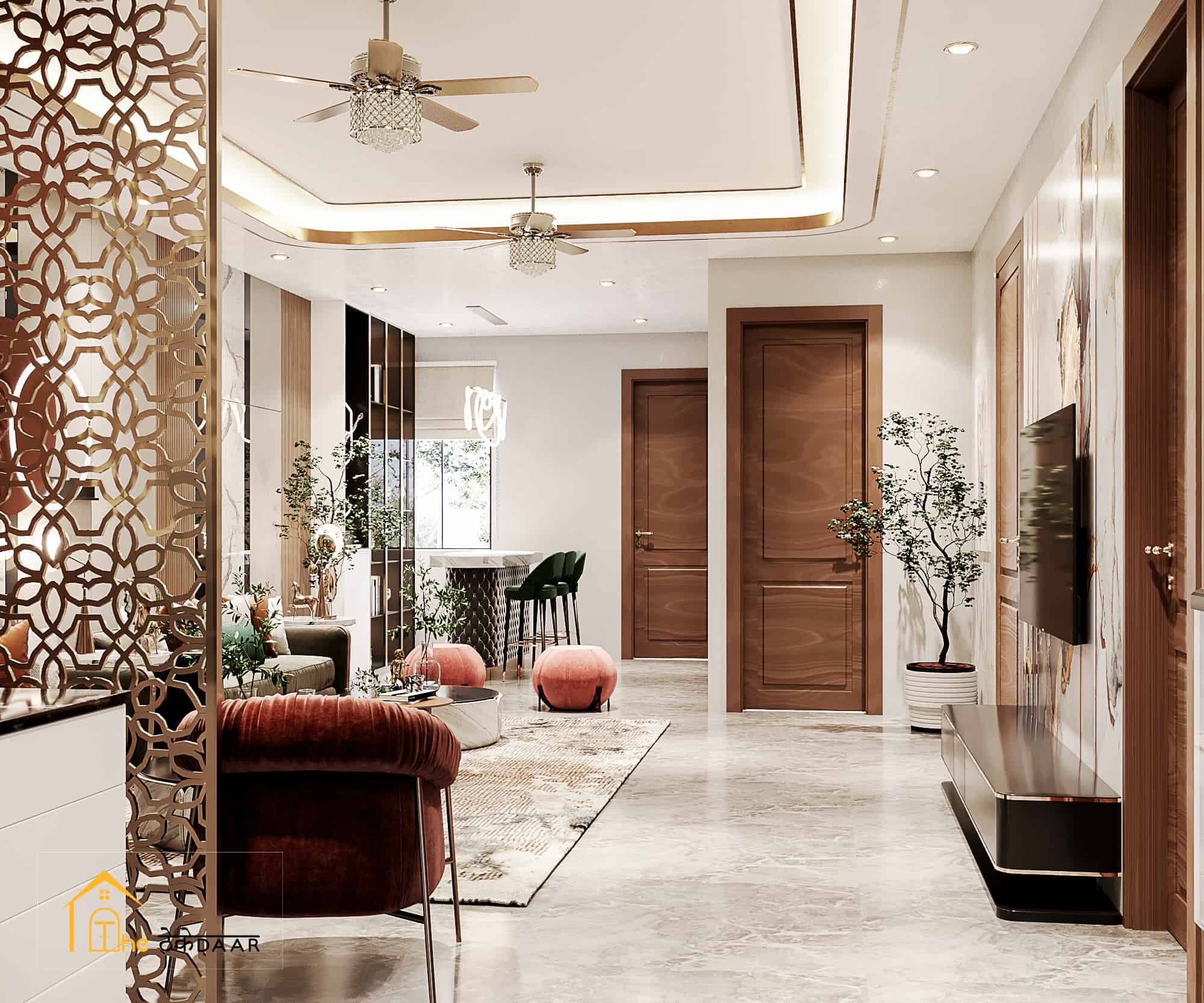 
A modern living room in a Delhi NCR home featuring a sleek false ceiling with recessed LED lighting, vibrant Indian-inspired decor with colorful cushions, a handwoven rug, and a mix of contemporary and traditional furniture, showcasing a blend of style and functionality.