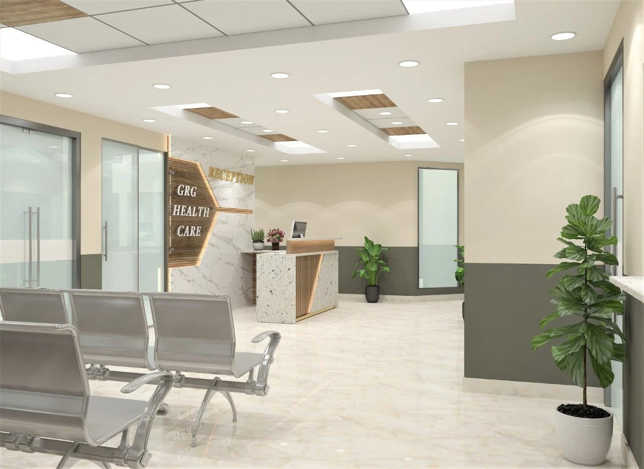 Clinic reception interior design creating a healing space with functional, calming aesthetics, by Nail and Hammer