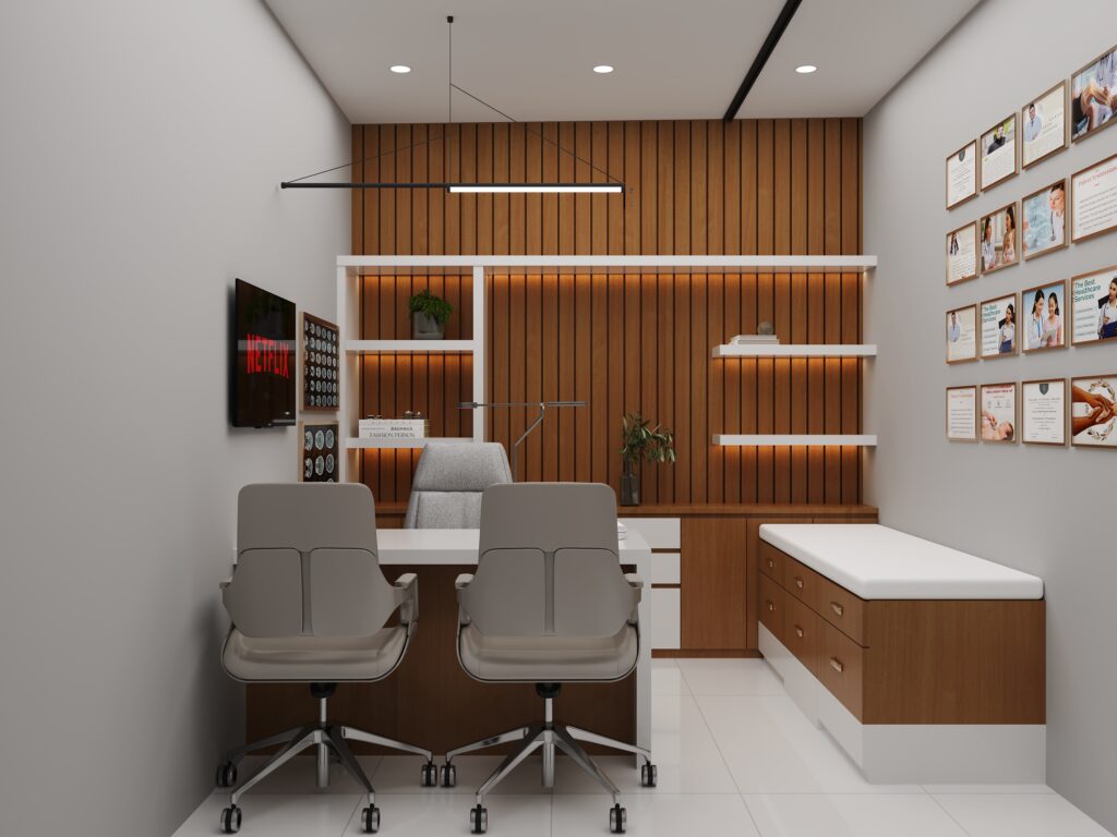 Clinic interior design camera view highlighting the consultation area, by Nail and Hammer