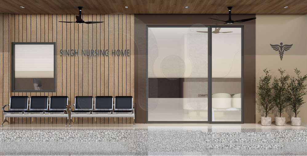 Singh Nursing Home clinic reception interior design, a multispeciality clinic interior design project by Nail and Hammer