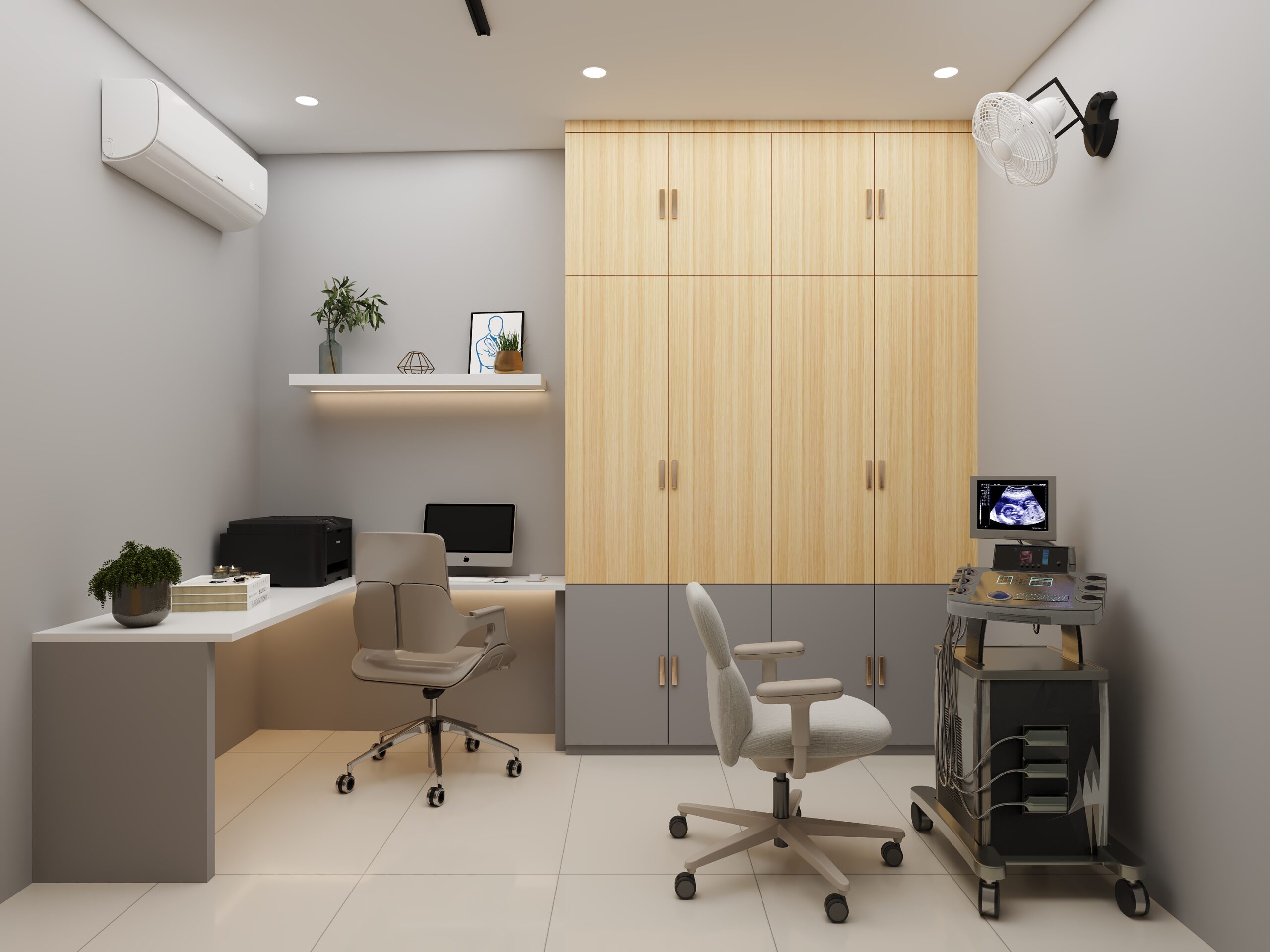 Dashwant Multispeciality Clinic USG and procedure room interior design with a diagnostic equipment layout, by Nail and Hammer, a multispeciality clinic interior designer
