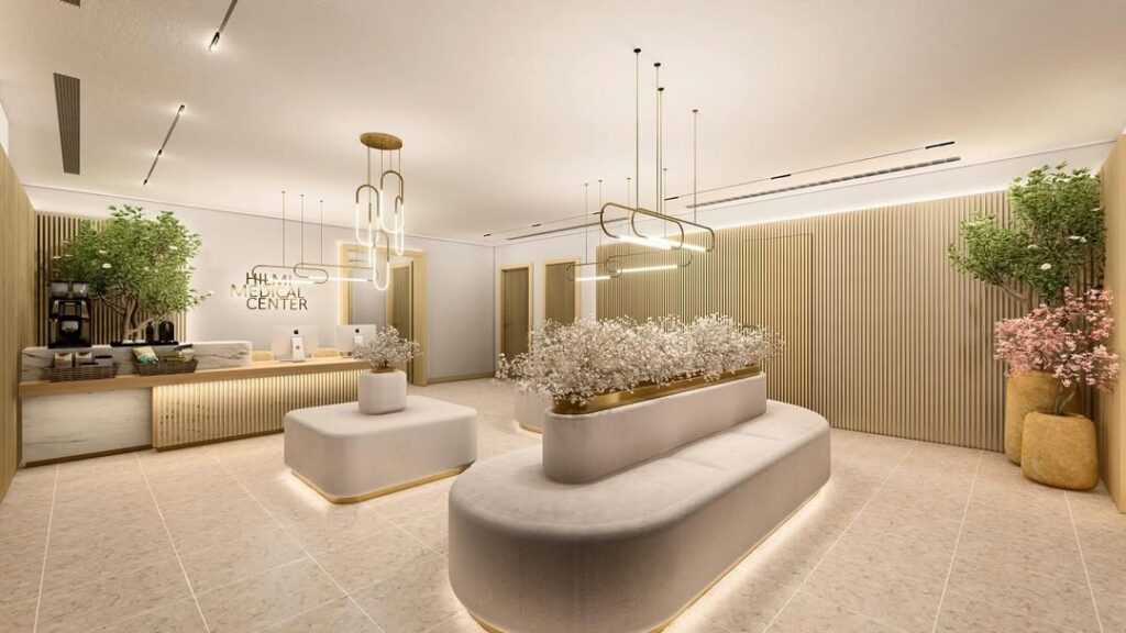 Clinic interior design with warm overhead lighting design, by Nail and Hammer, a clinic interior designer