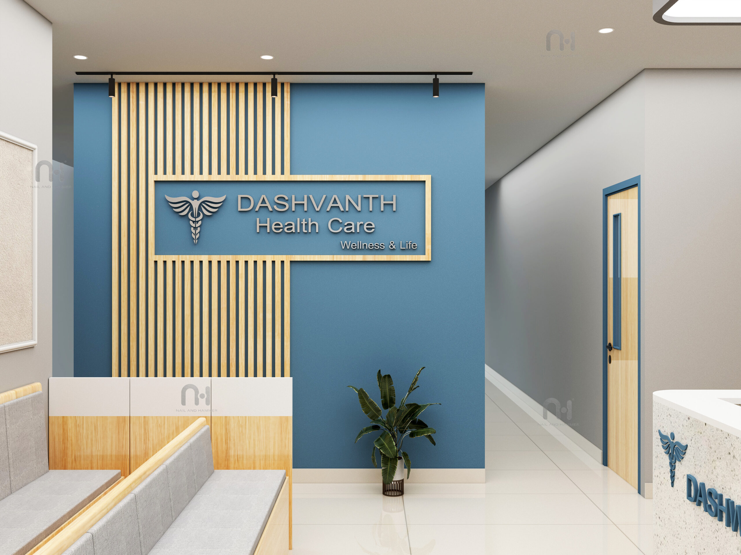 Dashwant Health Care reception with wood slat accent wall and branded signage, interior design by Nail and Hammer