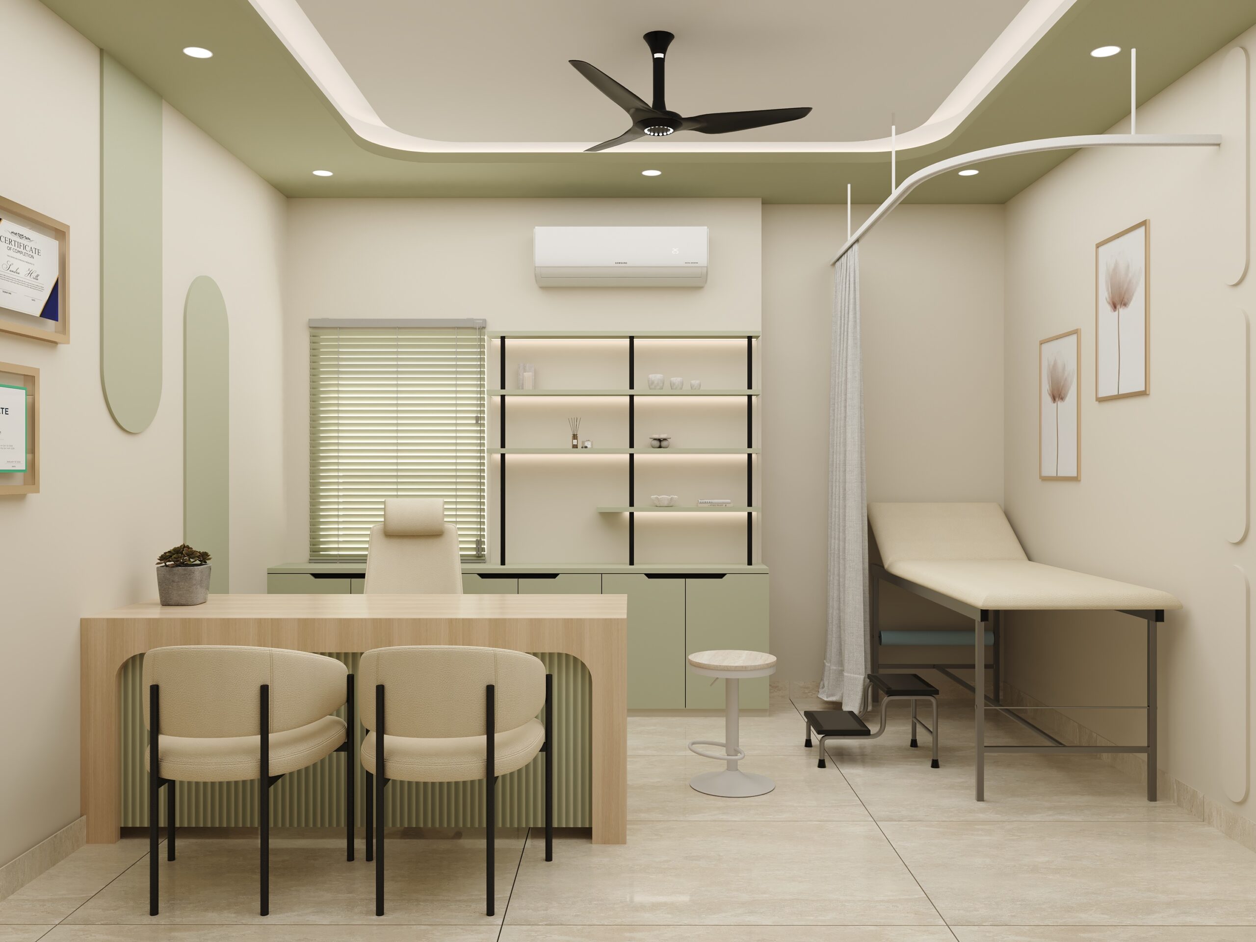 Clinic examination room interior design with modern medical fittings and clean lighting, by Nail and Hammer