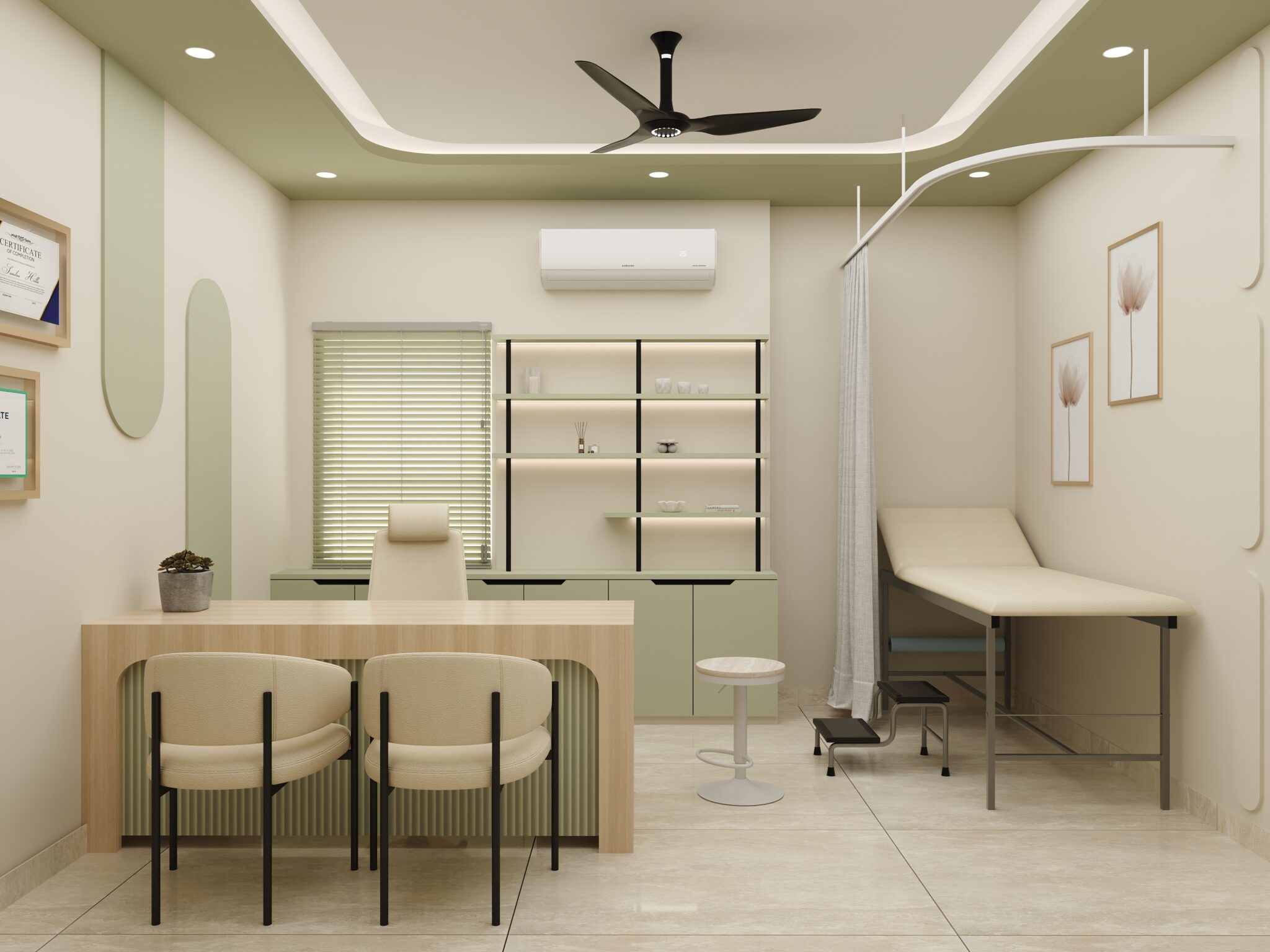 Truederm hair transplant and dermatology clinic reception interior in Jaipur, designed by Nail and Hammer