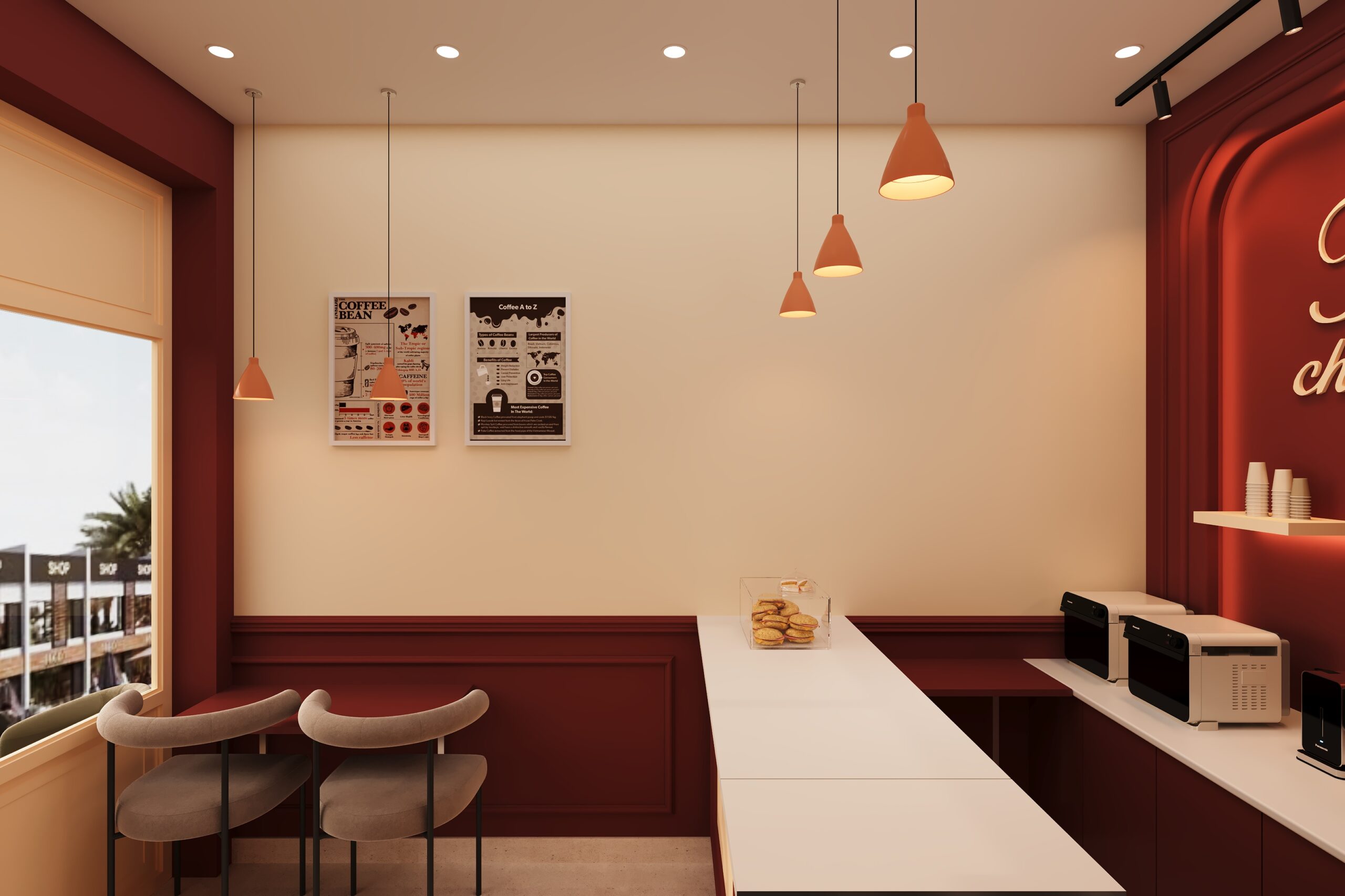 Fin Churros Cafe seating counter with maroon and cream interior design by Nail and Hammer