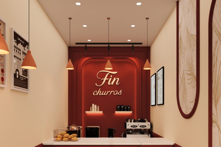 Fin Churros cafe interior with arched cream feature wall, branded signage, pendant lights and display counter designed by Nail and Hammer