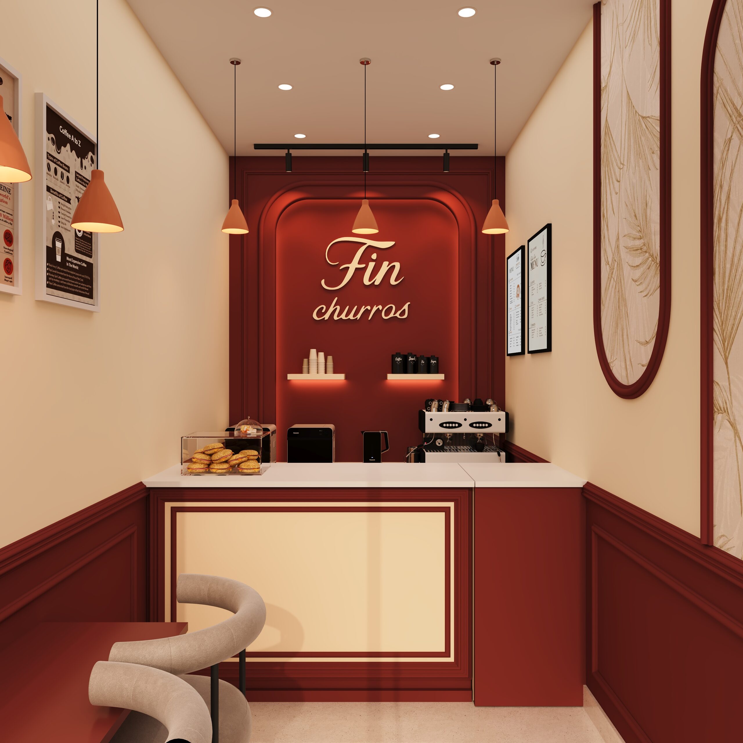 Fin Churros cafe interior with arched cream feature wall, branded signage, pendant lights and display counter designed by Nail and Hammer