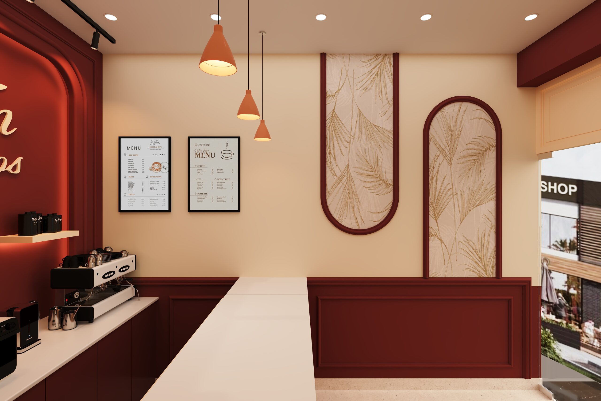 Fin Churros Cafe counter area with espresso station and decorative wall panels by Nail and Hammer