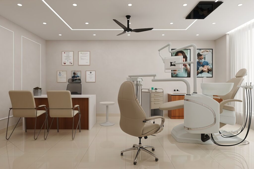 Modern dental clinic interior design concept with clean lines and contemporary finishes, by Nail and Hammer, a dental clinic interior designer