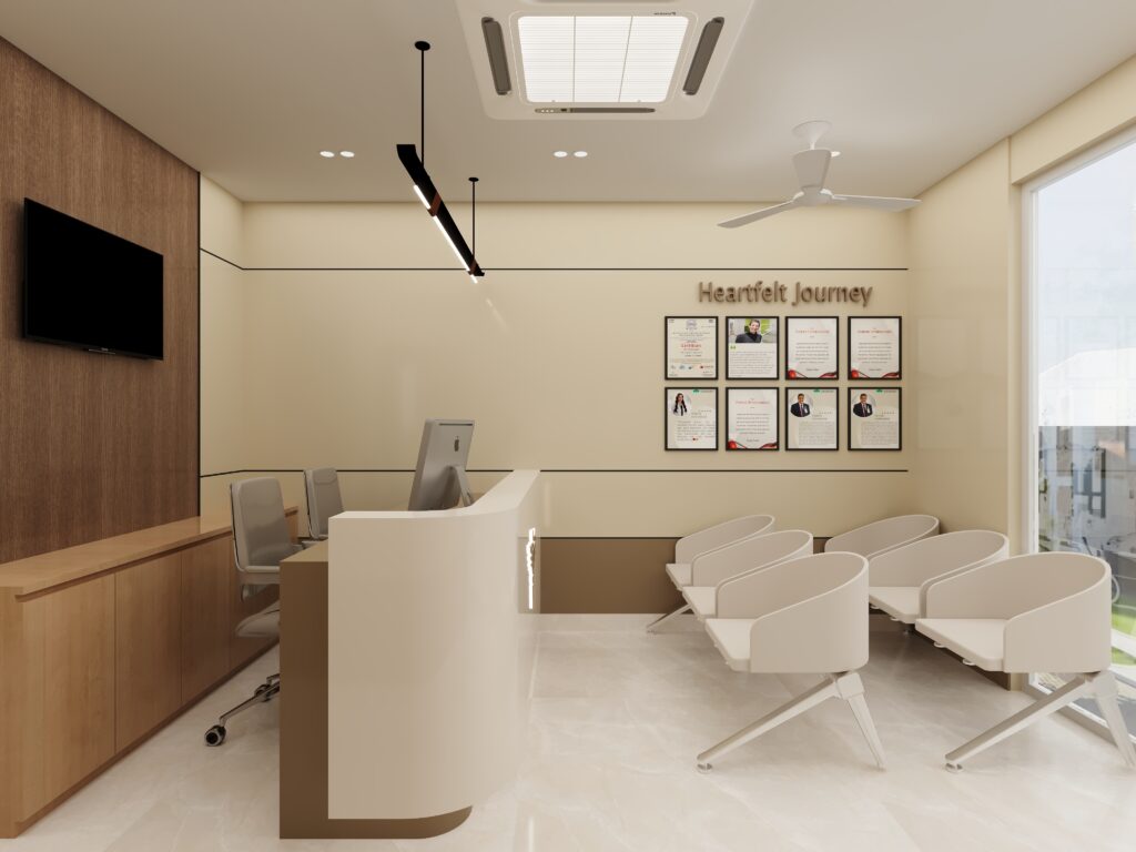 Clinic reception interior design camera view with a modern, welcoming layout, by Nail and Hammer