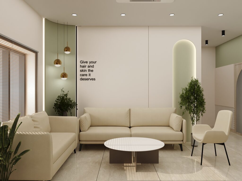 Clinic waiting area interior design with comfortable patient seating, by Nail and Hammer, a clinic interior designer