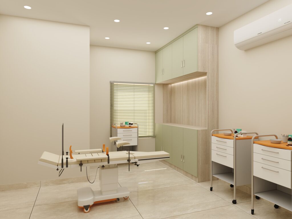 Clinic interior designing company Delhi NCR treatment room with clean medical fittings, by Nail and Hammer — clinic interior design delhi ncr