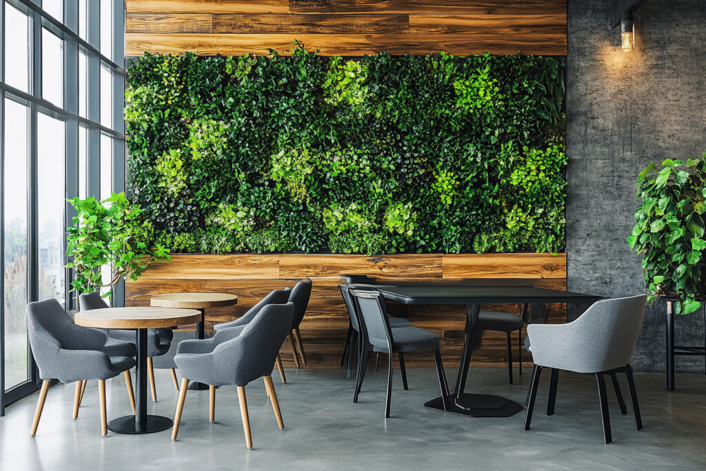 Modern café interior with a wooden feature wall, green accent wall, and grey chairs