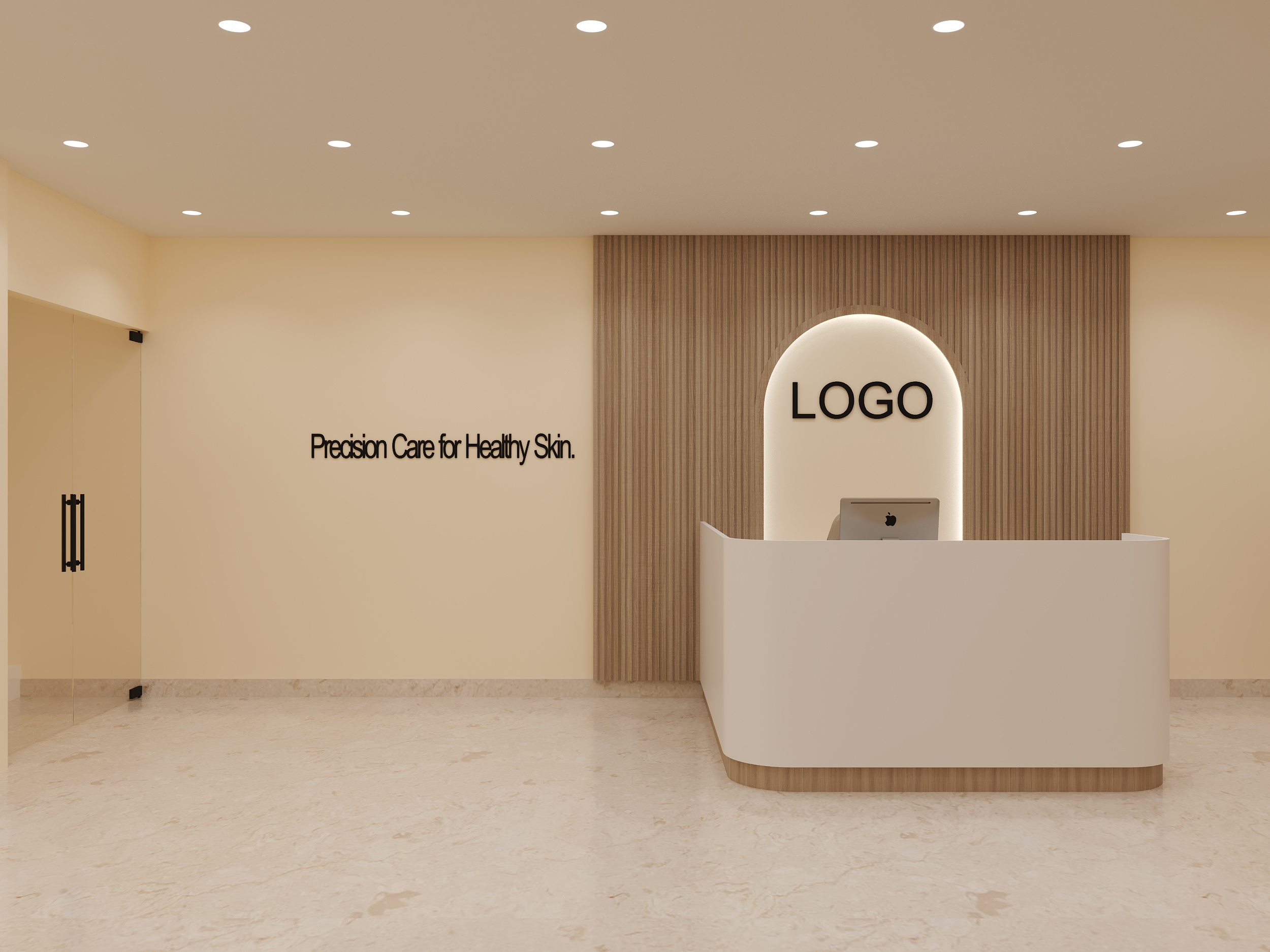 Anukriti Dental Clinic reception desk design with arched wood panel backdrop by Nail and Hammer