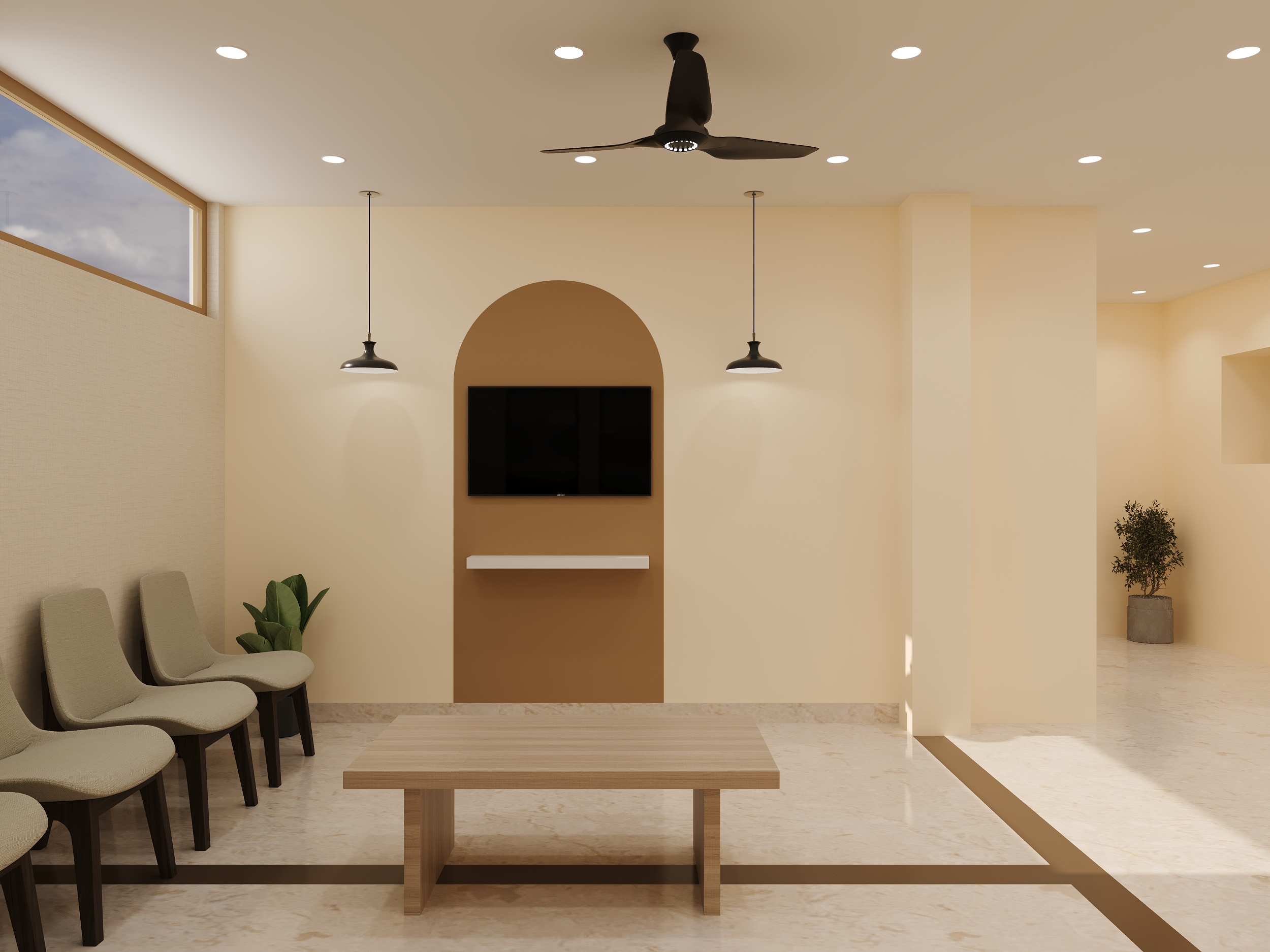 Anukriti Dental Clinic waiting lounge with arched TV nook interior design by Nail and Hammer