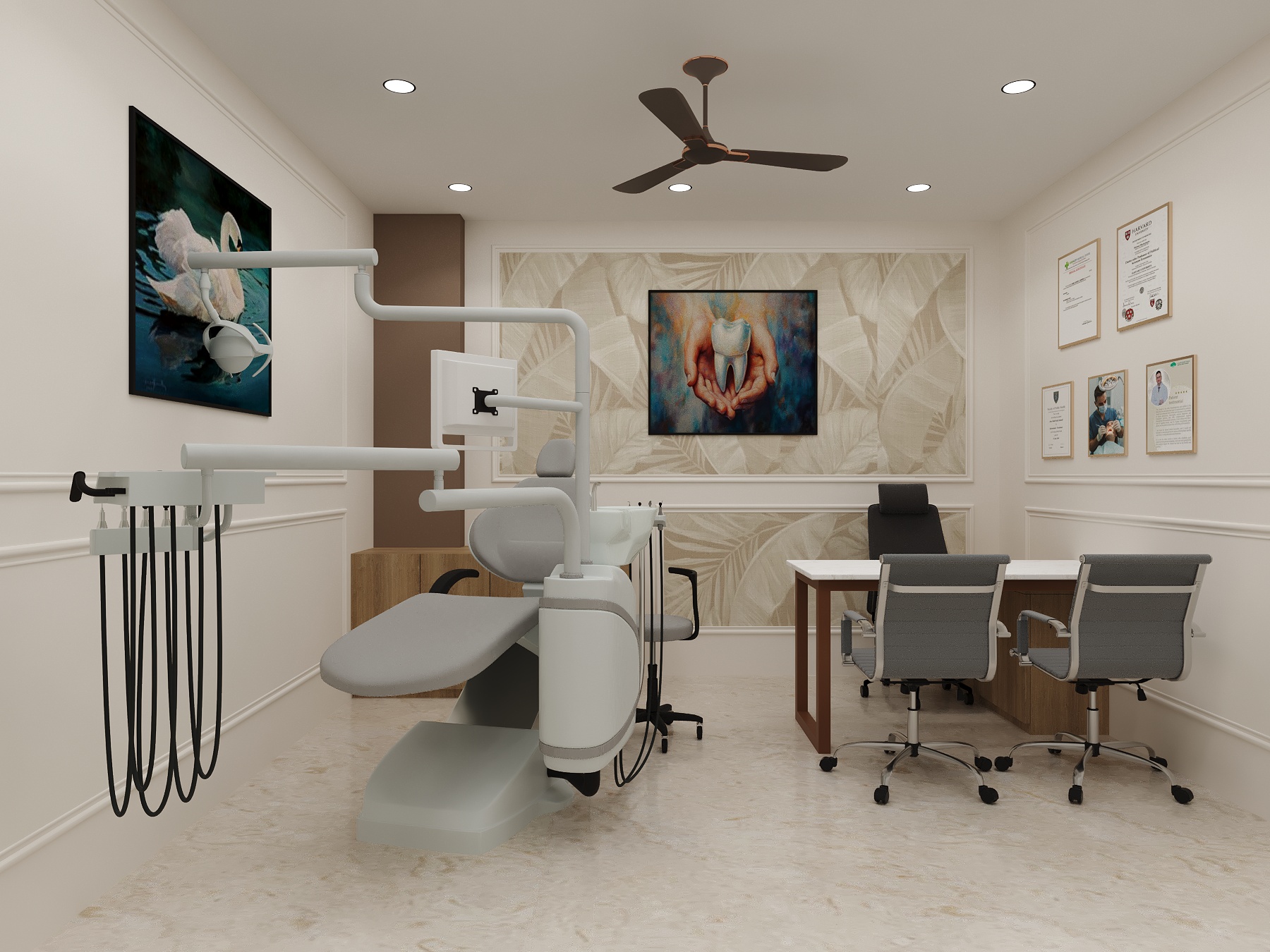 Dr Amit Dental Clinic procedure room interior design with a reclined dental treatment chair, by Nail and Hammer, a dental clinic interior designer