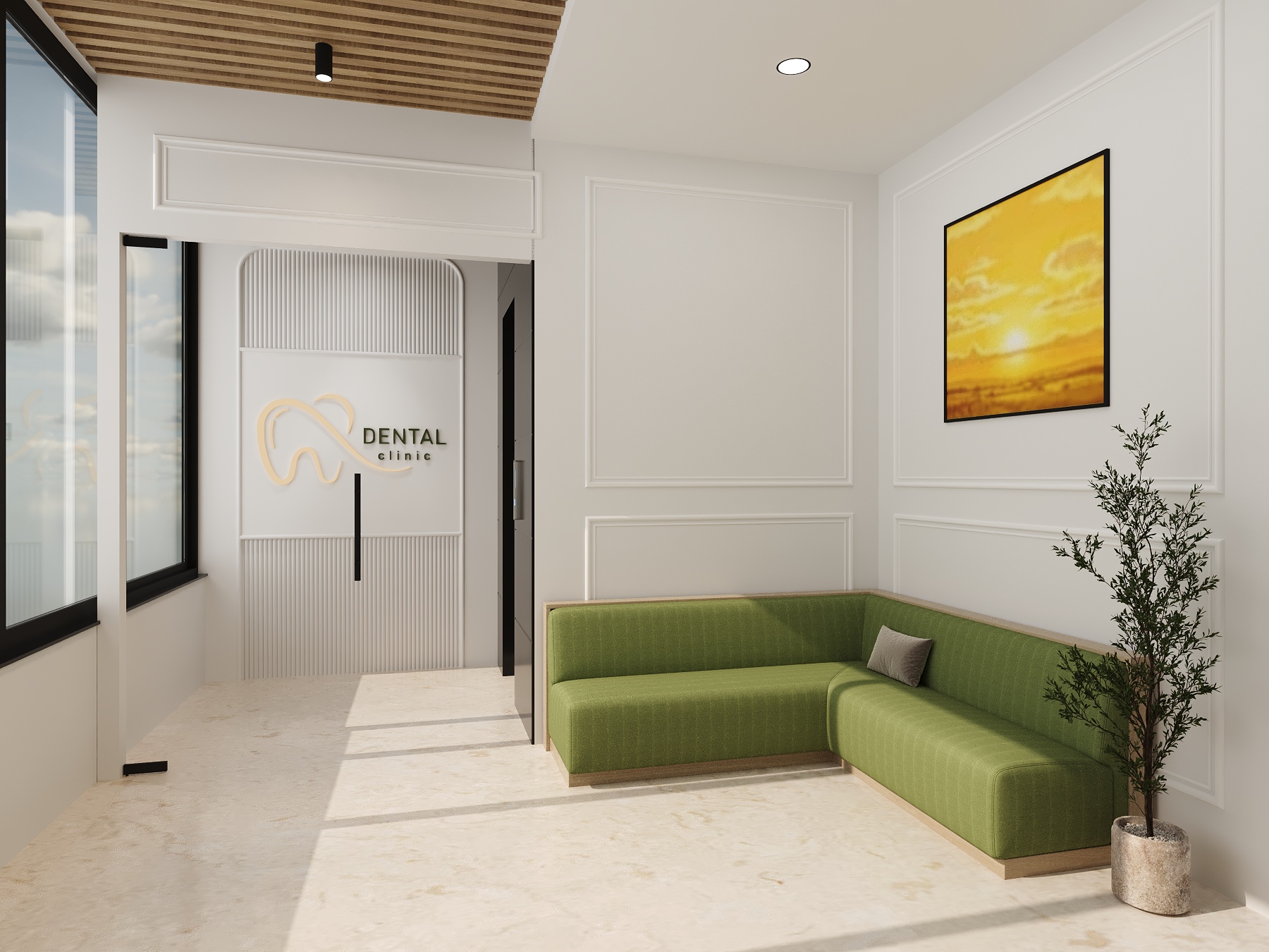 Dr Amit Dental Clinic reception interior design with modern seating and warm lighting, designed by Nail and Hammer, a dental clinic interior designer in Delhi NCR