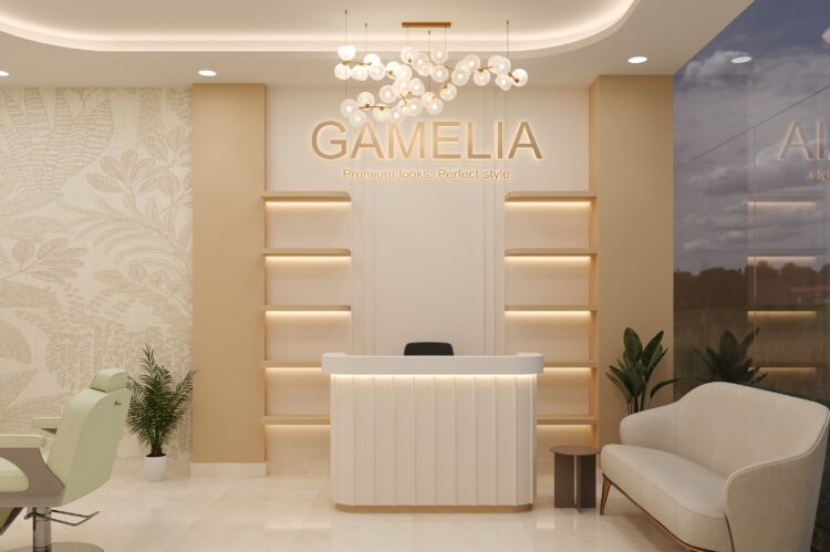 Gamelia Salon reception interior design by Nail and Hammer