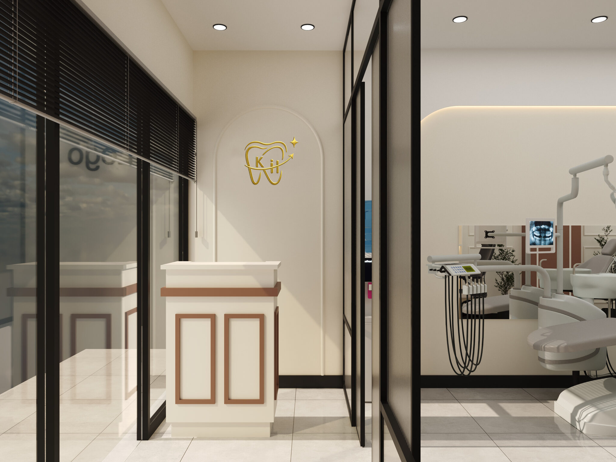Kanika Dental Clinic reception area interior design, designed by Nail and Hammer, a dental clinic interior designer in Faridabad