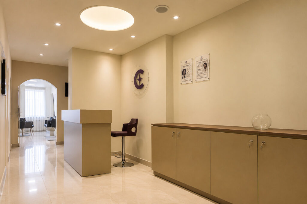CLNZ Salon reception interior design by Nail and Hammer