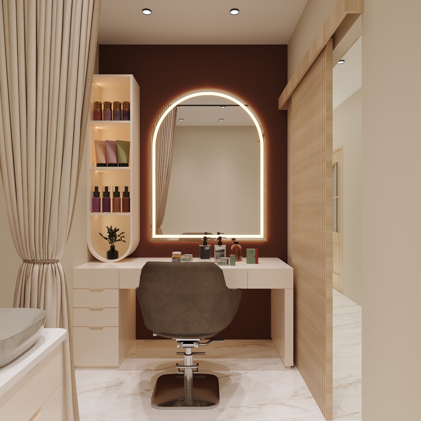 Snip and Shine salon vanity and styling counter with illuminated mirror by Nail and Hammer, Rohini Delhi