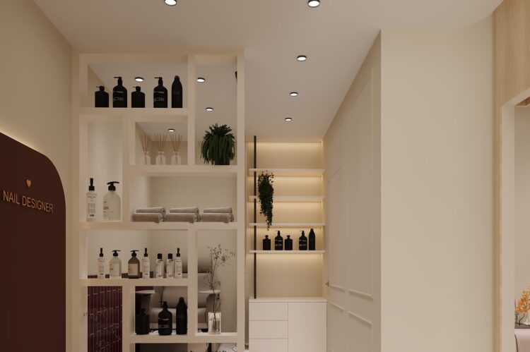 Snip and Shine salon retail product display and shelving unit by Nail and Hammer, Rohini Delhi