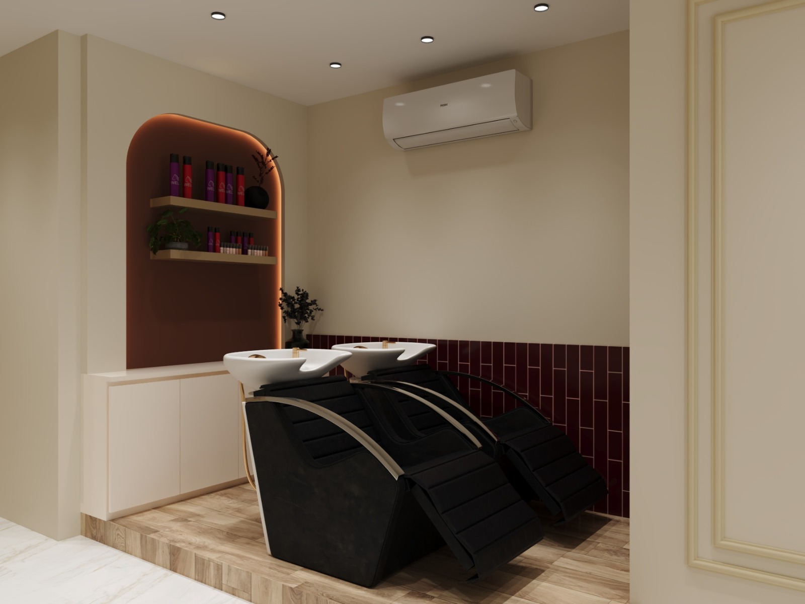 Snip and Shine salon hair wash station interior design by Nail and Hammer, Rohini Delhi