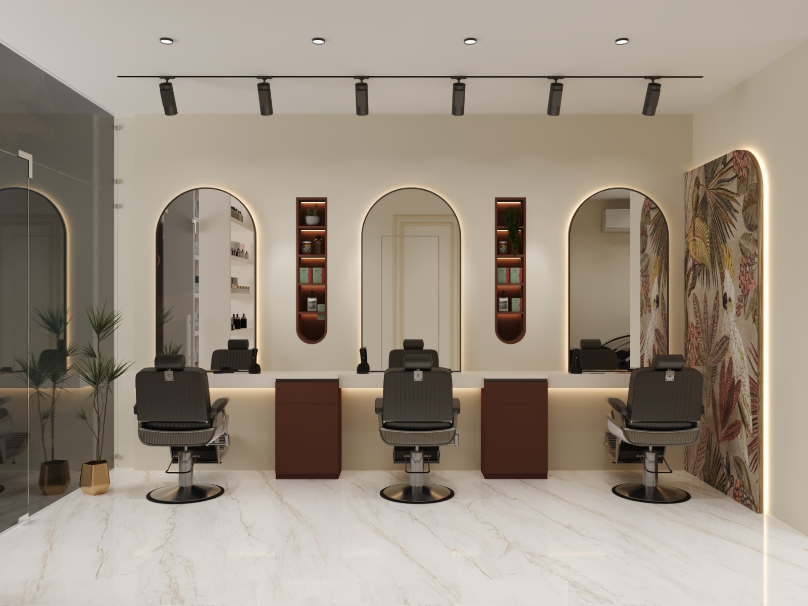 Snip and Shine salon styling stations with arched mirrors and barber chairs by Nail and Hammer, Rohini Delhi