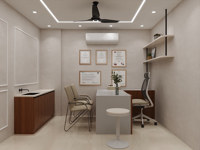 YourGynac Clinic consultation room interior design in Sonipat, a gynaecologist clinic interior design project by Nail and Hammer