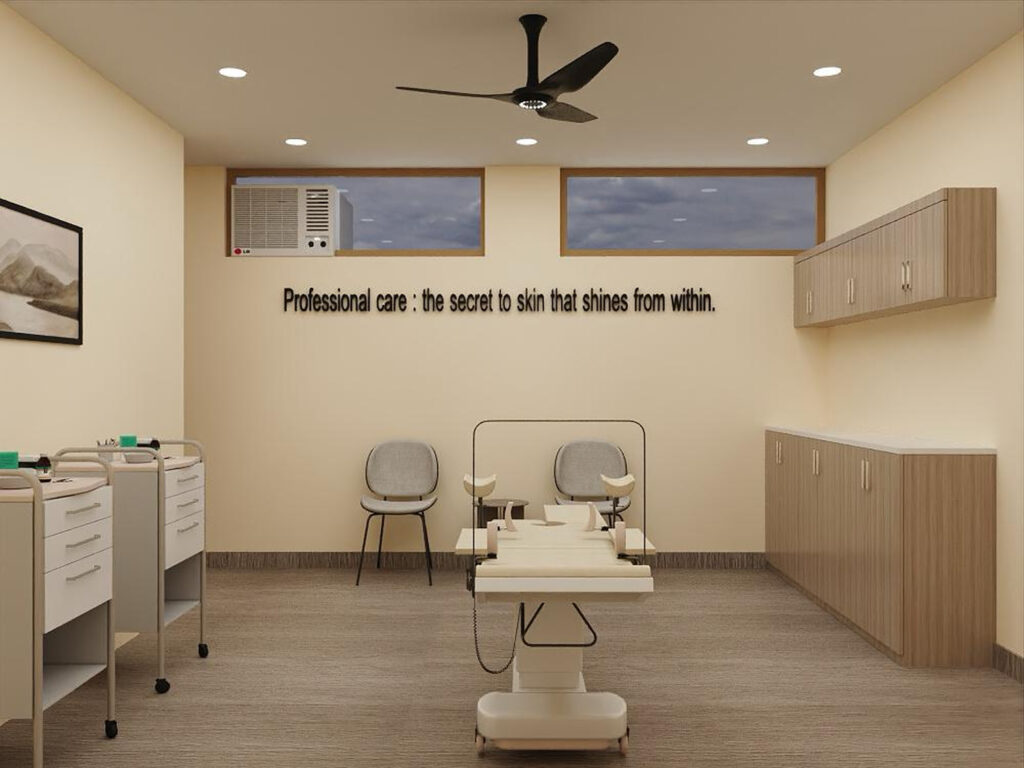 Derma clinic interior design procedure room with concealed storage and calm lighting by Nail and Hammer