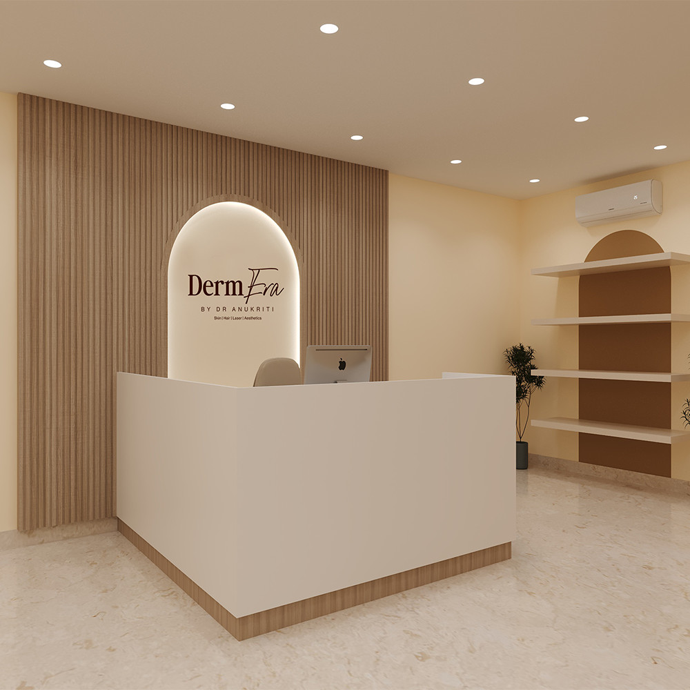 Clinic interior design patient trust — calming reception designed by Nail and Hammer at DermEra Greater Kailash