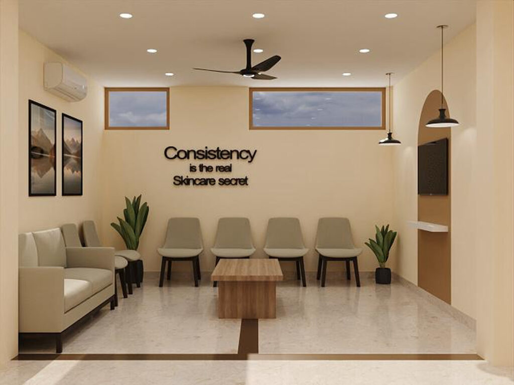 Derma clinic interior design waiting area with neutral palette and skincare wall messaging by Nail and Hammer