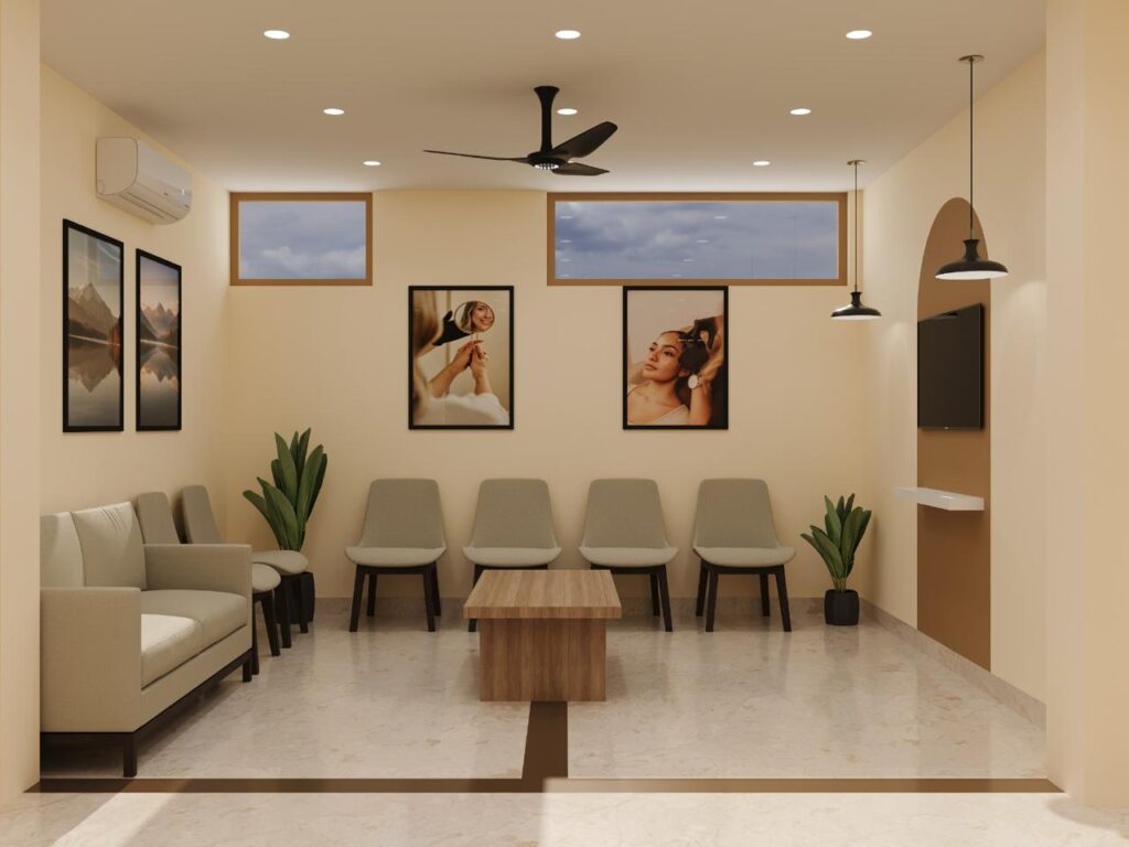 Clinic interior design that builds patient trust — serene waiting lounge by Nail and Hammer
