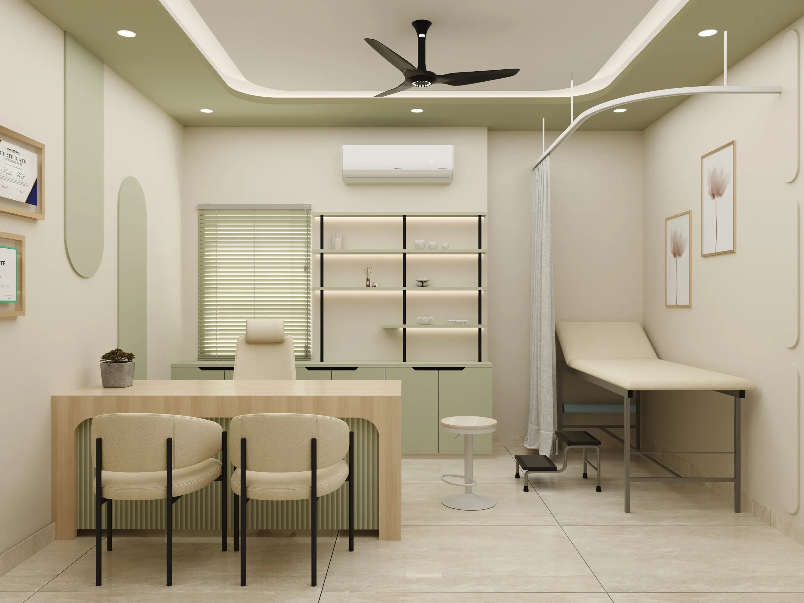 Truederm hair transplant and dermatology clinic consultation and treatment room interior in Jaipur, designed by Nail and Hammer