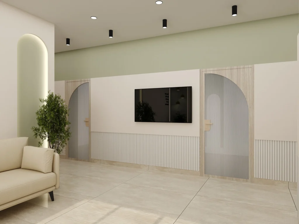 Clinic corridor interior design at TruDerm Clinic, Jaipur, by Nail and Hammer, planned for clear patient flow