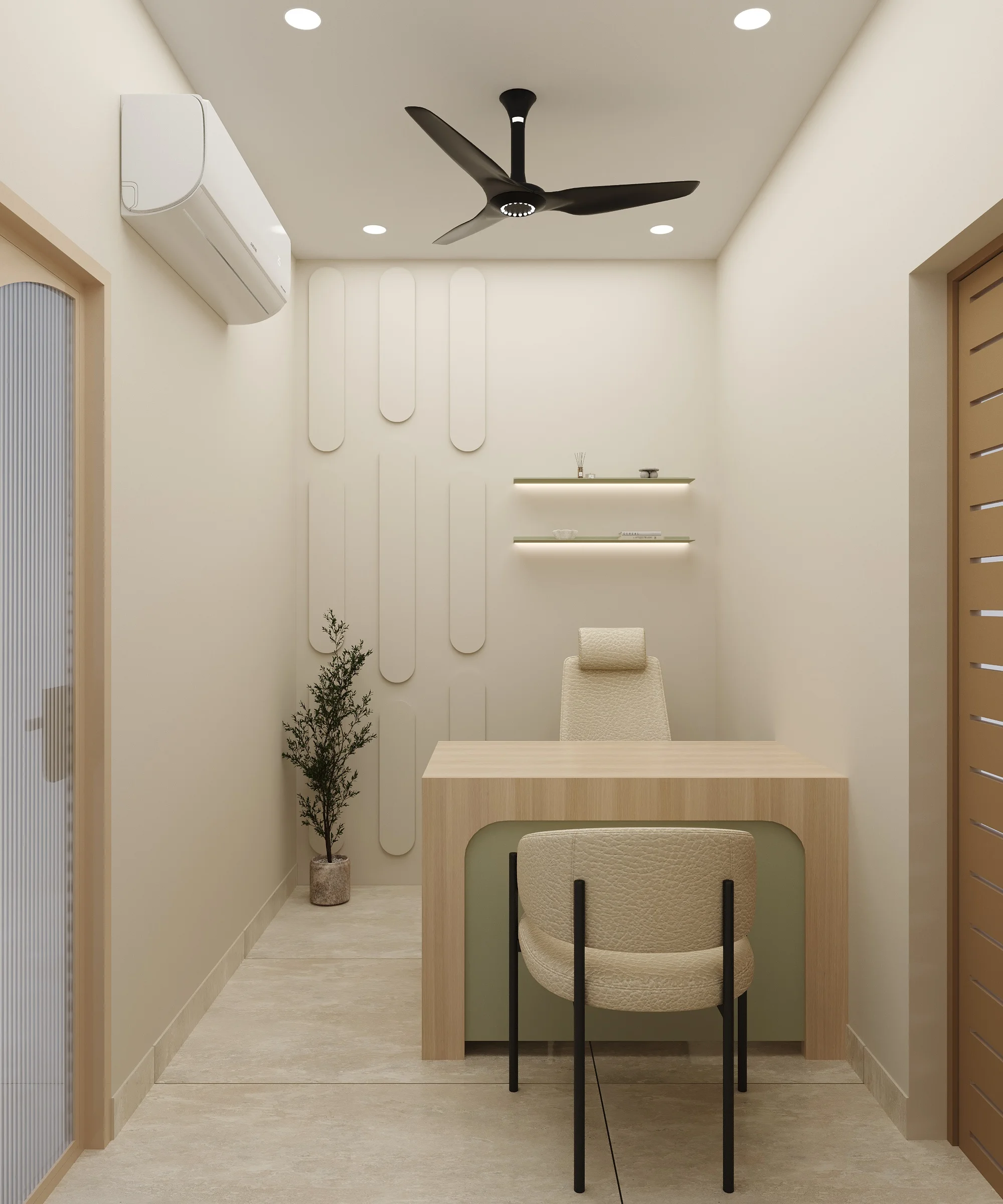 Truederm hair transplant and dermatology clinic second doctor's cabin interior in Jaipur, designed by Nail and Hammer