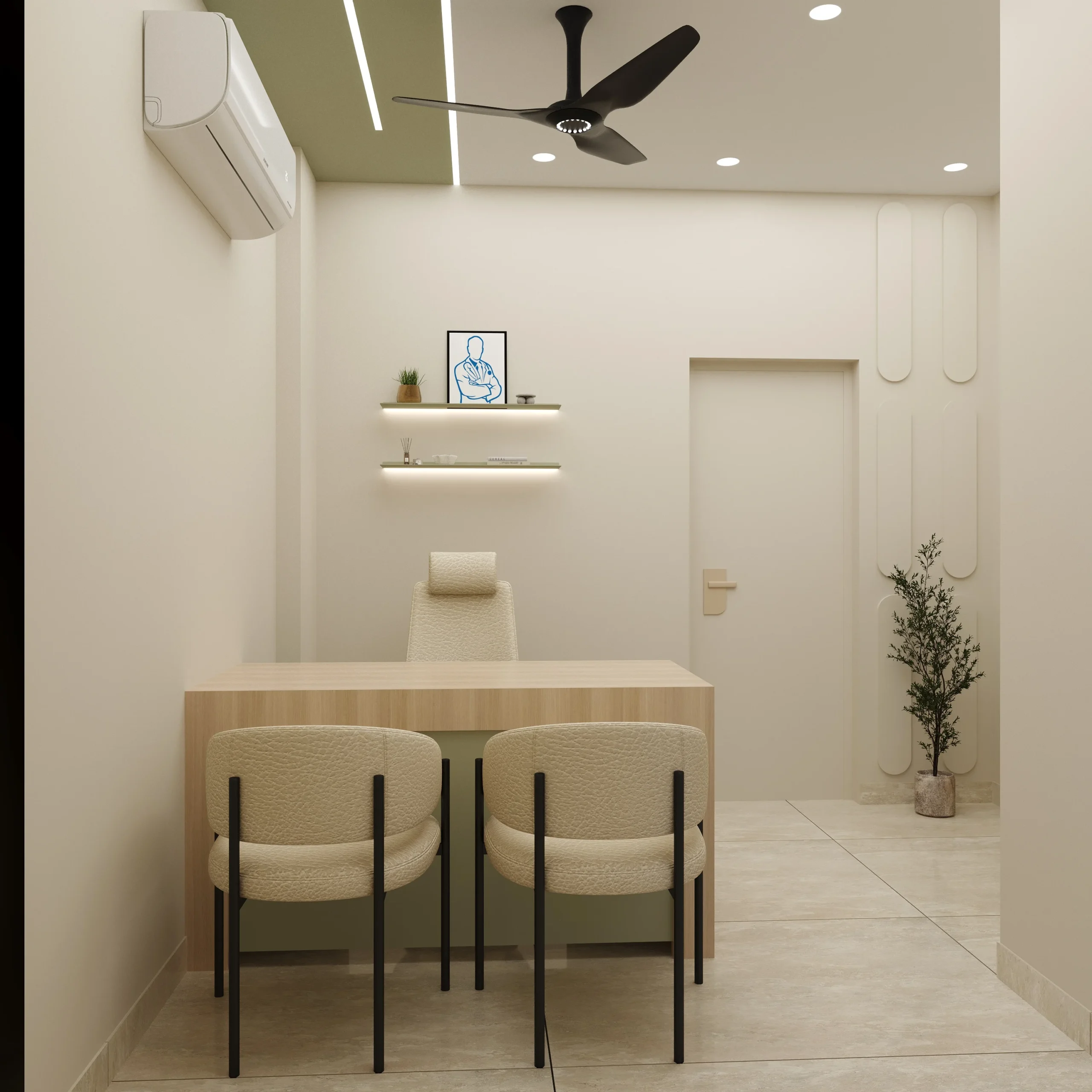 Truederm hair transplant and dermatology clinic doctor's cabin interior in Jaipur, designed by Nail and Hammer