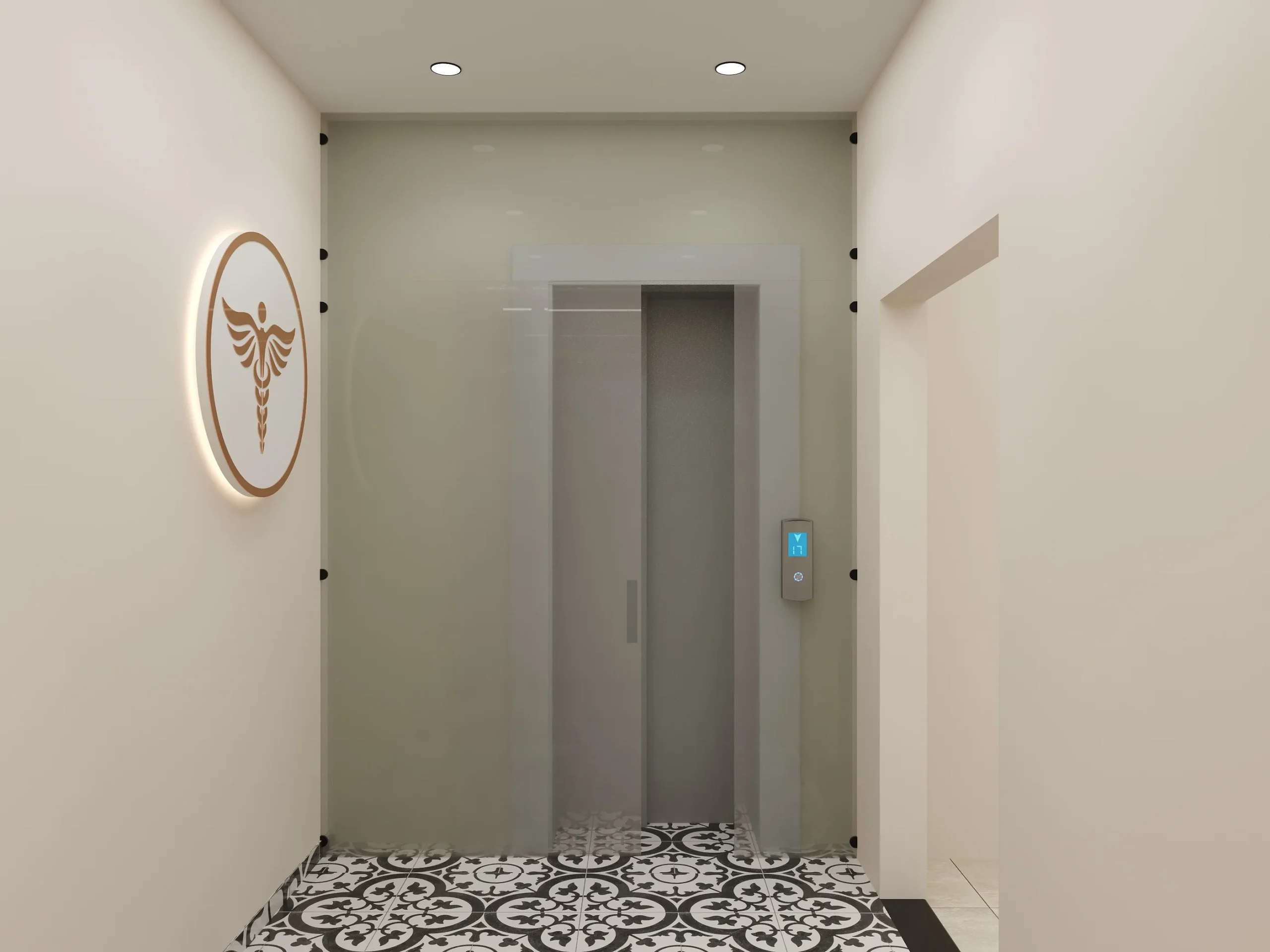 Truederm hair transplant and dermatology clinic lift lobby interior in Jaipur, designed by Nail and Hammer