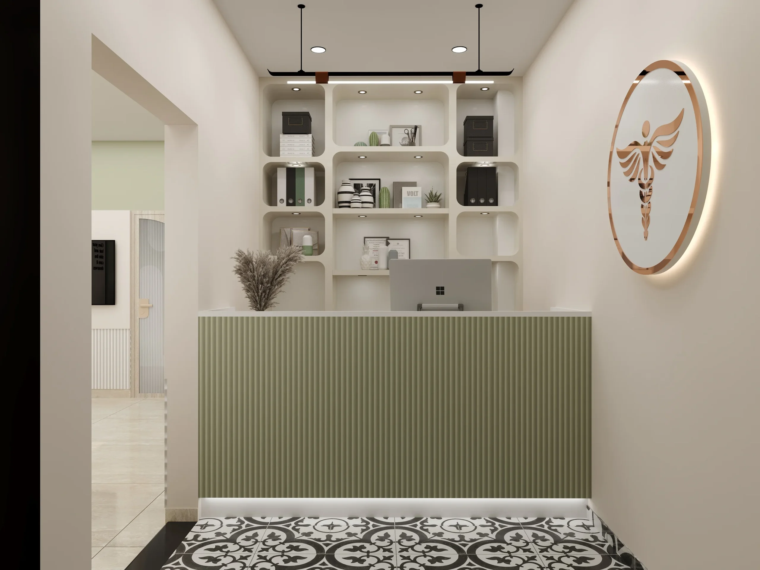 Truederm hair transplant and dermatology clinic reception desk interior in Jaipur, designed by Nail and Hammer