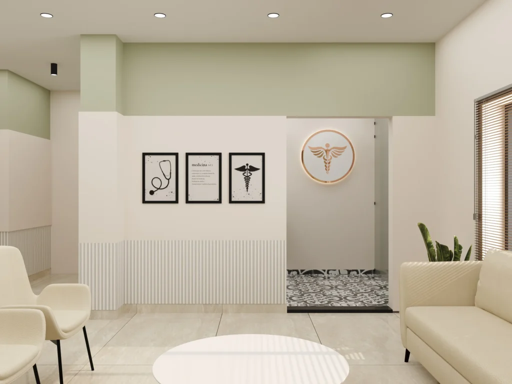 Clinic waiting area interior design at TruDerm Clinic, Jaipur, by Nail and Hammer, with a calm neutral palette