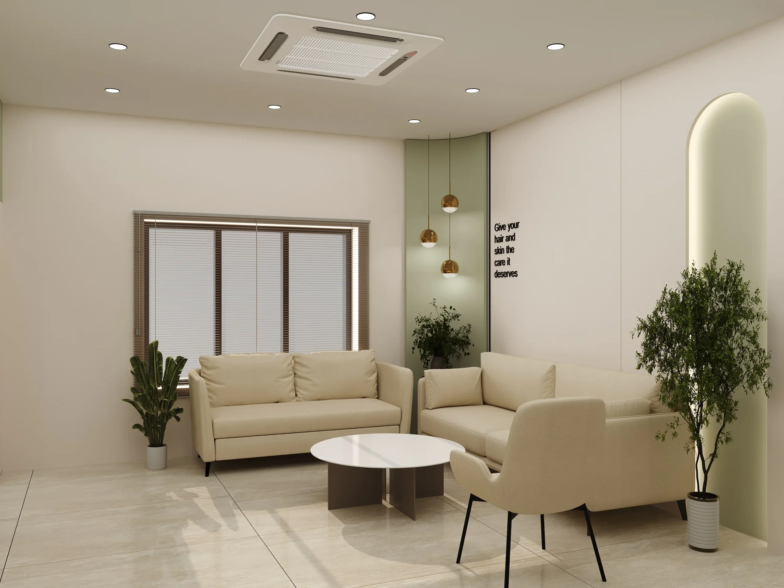 Truederm hair transplant and dermatology clinic waiting lounge interior (second view) in Jaipur, designed by Nail and Hammer