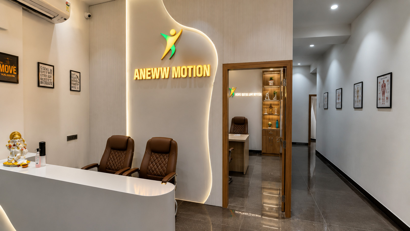 Aneww Motion physiotherapy clinic reception with illuminated brand signage and waiting area, designed by Nail and Hammer, a clinic interior designer in Delhi NCR