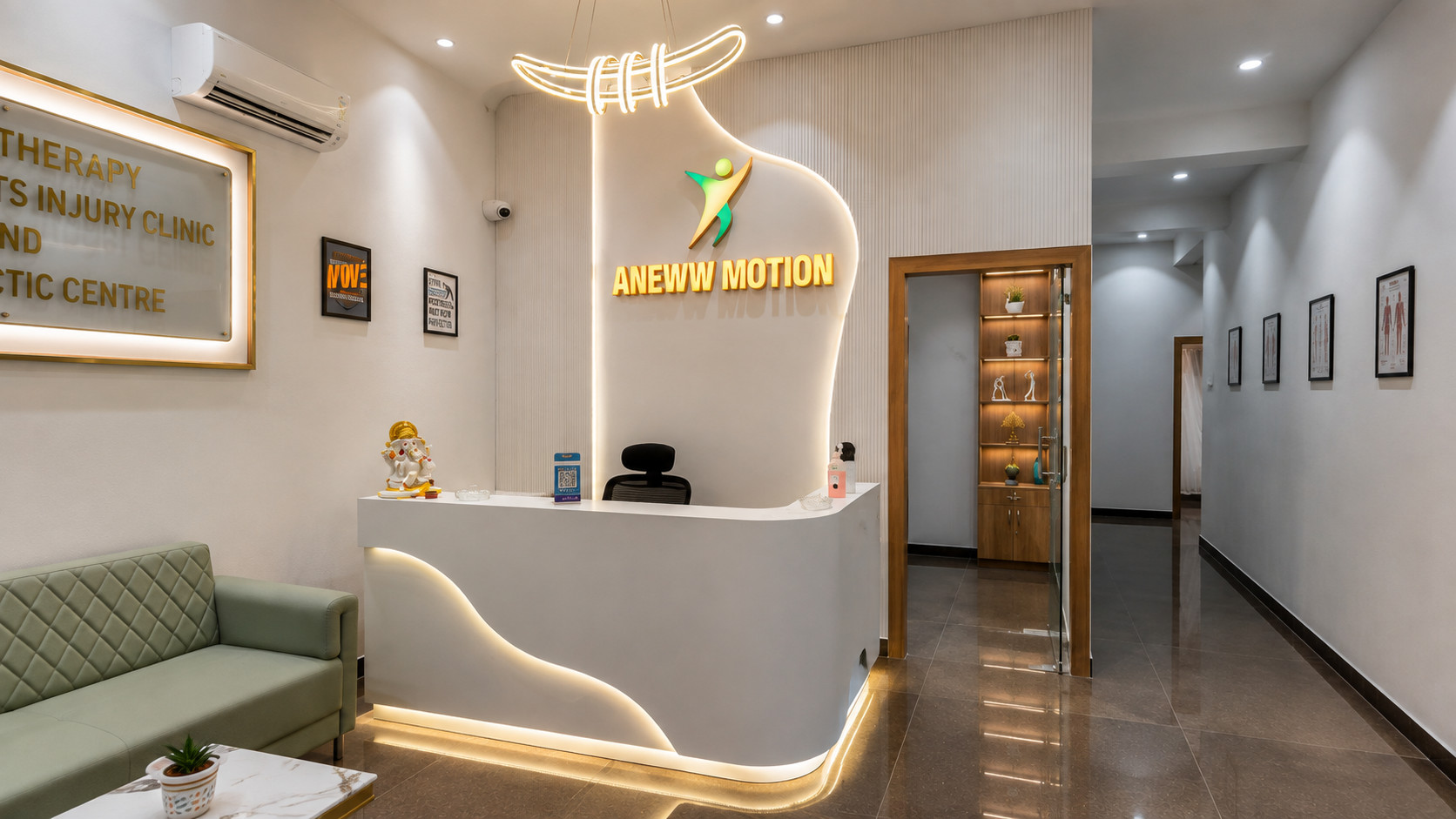 Aneww Motion Reception Desk & Clinic Interior Design – Nail & Hammer Curved white reception desk with cove lighting beneath an illuminated Aneww Motion 3D logo and decorative pendant light in a physiotherapy clinic interior designed by Nail & Hammer
