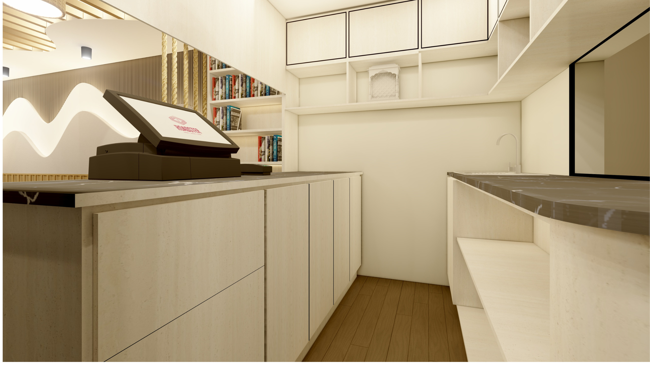 BASK Cafe Interior Design Gurgaon – Billing Counter and Storage with POS BASK Cafe billing counter in Gurgaon with a light-wood cabinet base, grey marble countertop, POS touchscreen till, open book-shelf display and warm minimal café detailing.