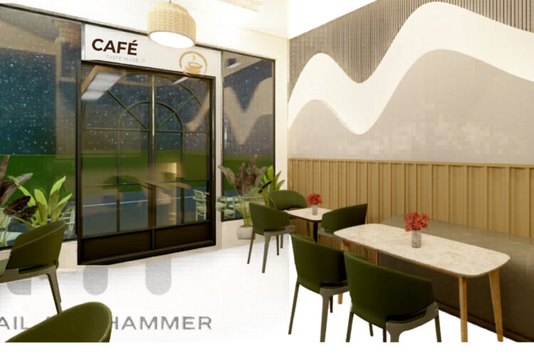 BASK Cafe interior design in Gurgaon featuring olive-green upholstered chairs, marble-top tables, a fluted wood dado wall, wavy contour wall panelling, potted plants and large black-framed windows in a warm, modern café setting.