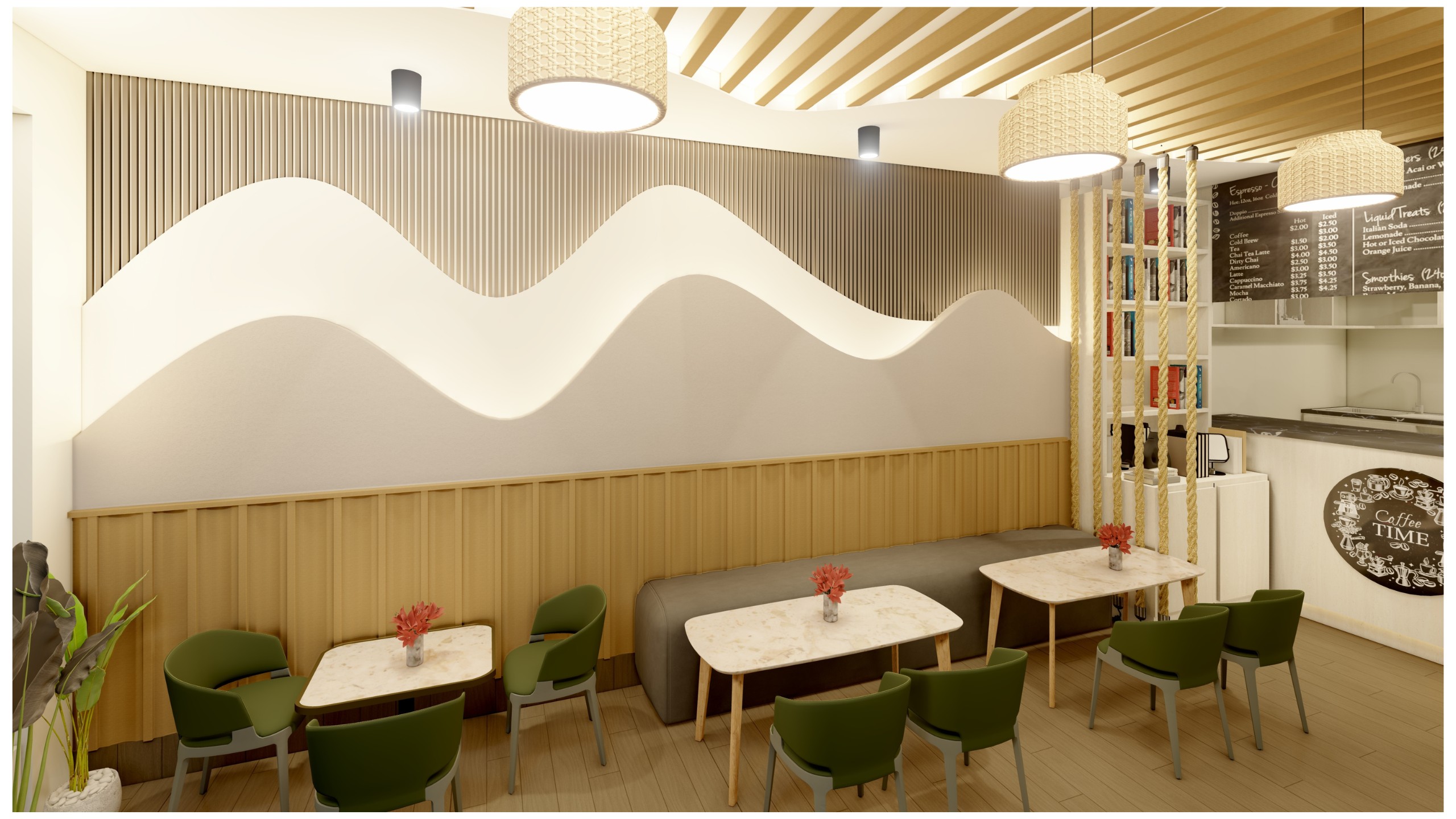 BASK Cafe Interior Design Gurgaon – Wavy Contour Feature Wall and Menu Counter BASK Cafe interior in Gurgaon with a sculpted wavy white contour feature wall, fluted wood panelling, rattan pendant lights, a rope divider, a chalkboard coffee menu and green chairs with marble café tables.