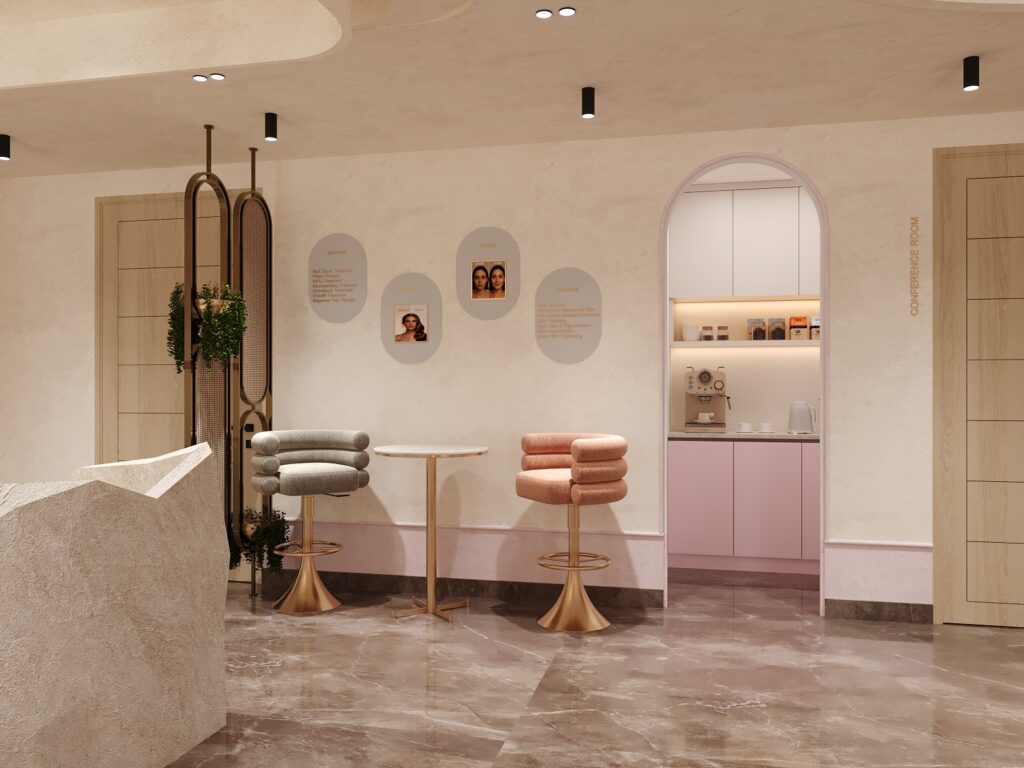 Joshavi aesthetic clinic patient lounge with pink and grey bar stools, round high table and arched pantry with coffee machine