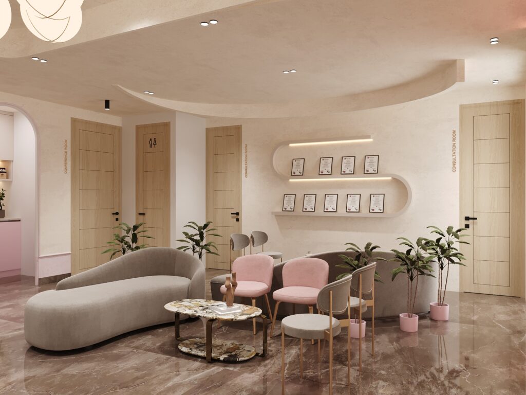 Joshavi clinic waiting zone with pink velvet chairs, curved sofa, lit arched credentials wall and consultation room doors
