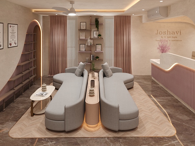 Joshavi dermatology clinic waiting area with twin curved grey sofas, lit wooden console and arched wall shelving